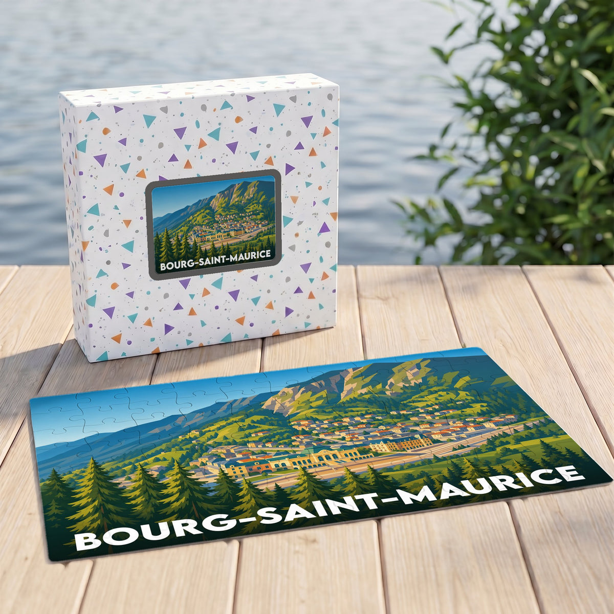 Puzzle souvenir de la ville de Bourg-Saint-Maurice avec une illustration stylisée de montagne.