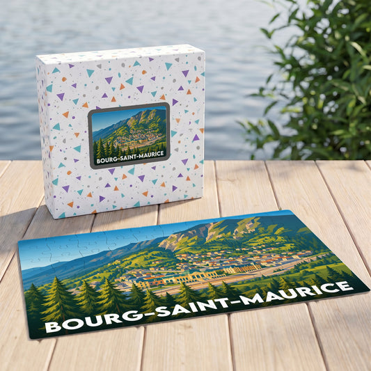 Puzzle souvenir de la ville de Bourg-Saint-Maurice avec une illustration stylisée de montagne.