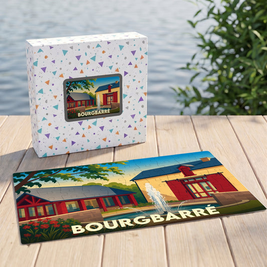 Puzzle souvenir de la ville de Bourgbarré avec une illustration stylisée et colorée.