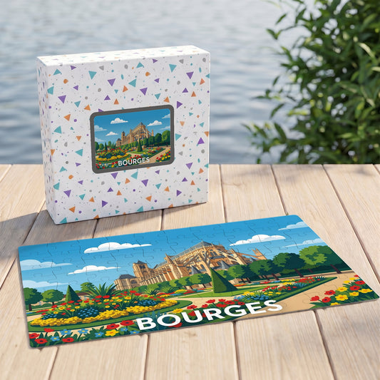 Puzzle souvenir de la ville de Bourges avec une illustration colorée de la cathédrale et de ses jardins.