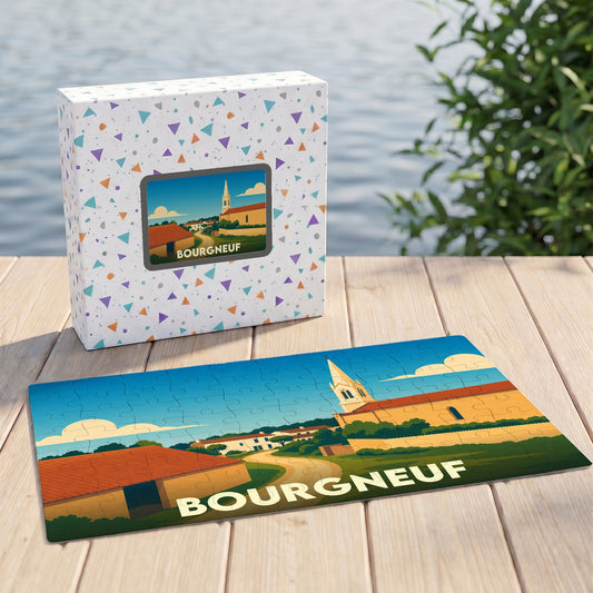 Puzzle souvenir de la ville de Bourgneuf présentant une illustration stylisée et colorée.