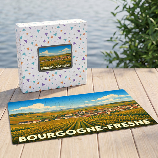 Puzzle souvenir de la commune de Bourgogne-Fresne avec une illustration stylisée de ses paysages de vignobles.