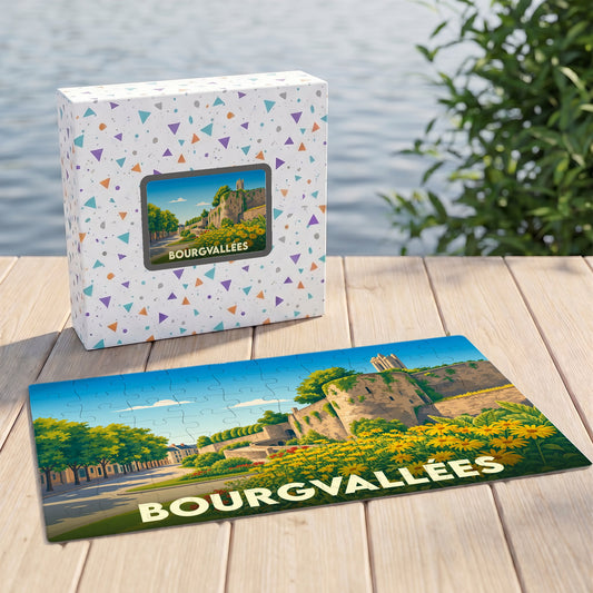 Puzzle souvenir de la ville de Bourgvallées avec une illustration stylisée d'un paysage historique et fleuri.