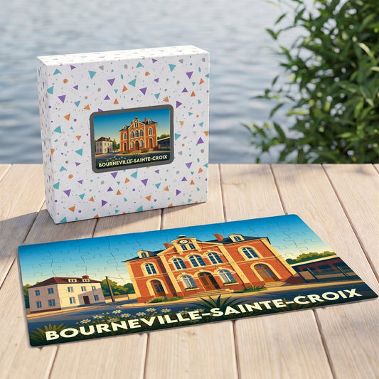 Puzzle souvenir de la ville de Bourneville-Sainte-Croix avec une illustration stylisée d'un bâtiment historique.