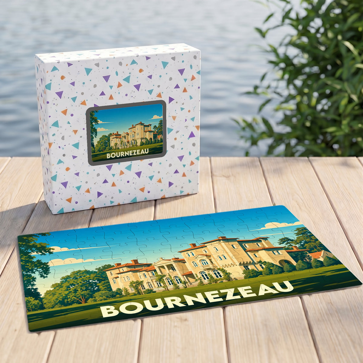 Puzzle souvenir de la ville de Bournezeau avec une illustration stylisée d'un château.