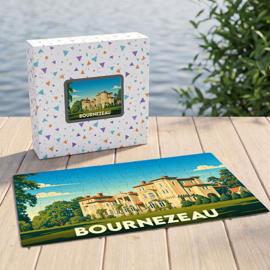 Puzzle souvenir de la ville de Bournezeau avec une illustration colorée d'un grand domaine architectural.