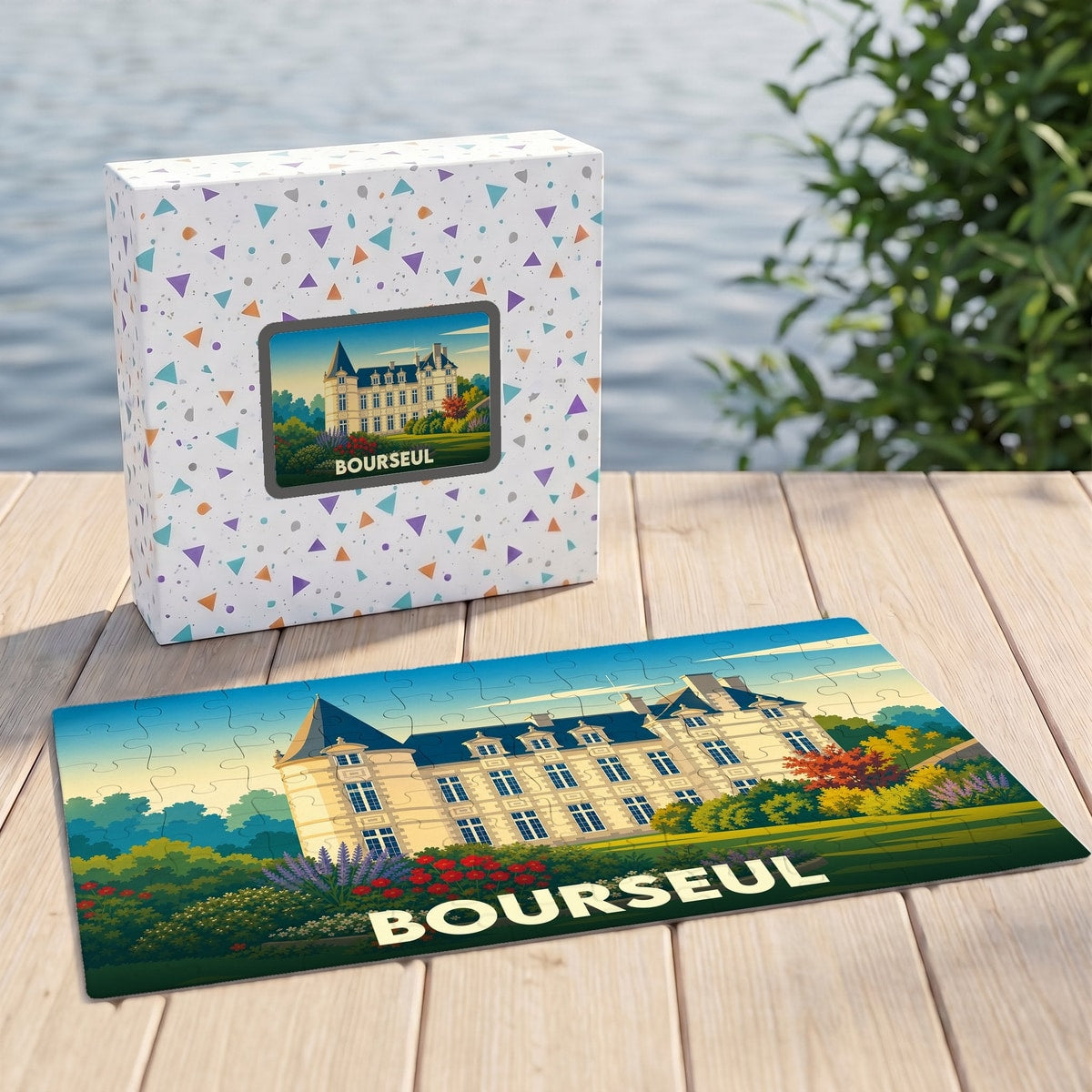 Puzzle souvenir de la ville de Bourseul illustrant son château avec un style graphique coloré.