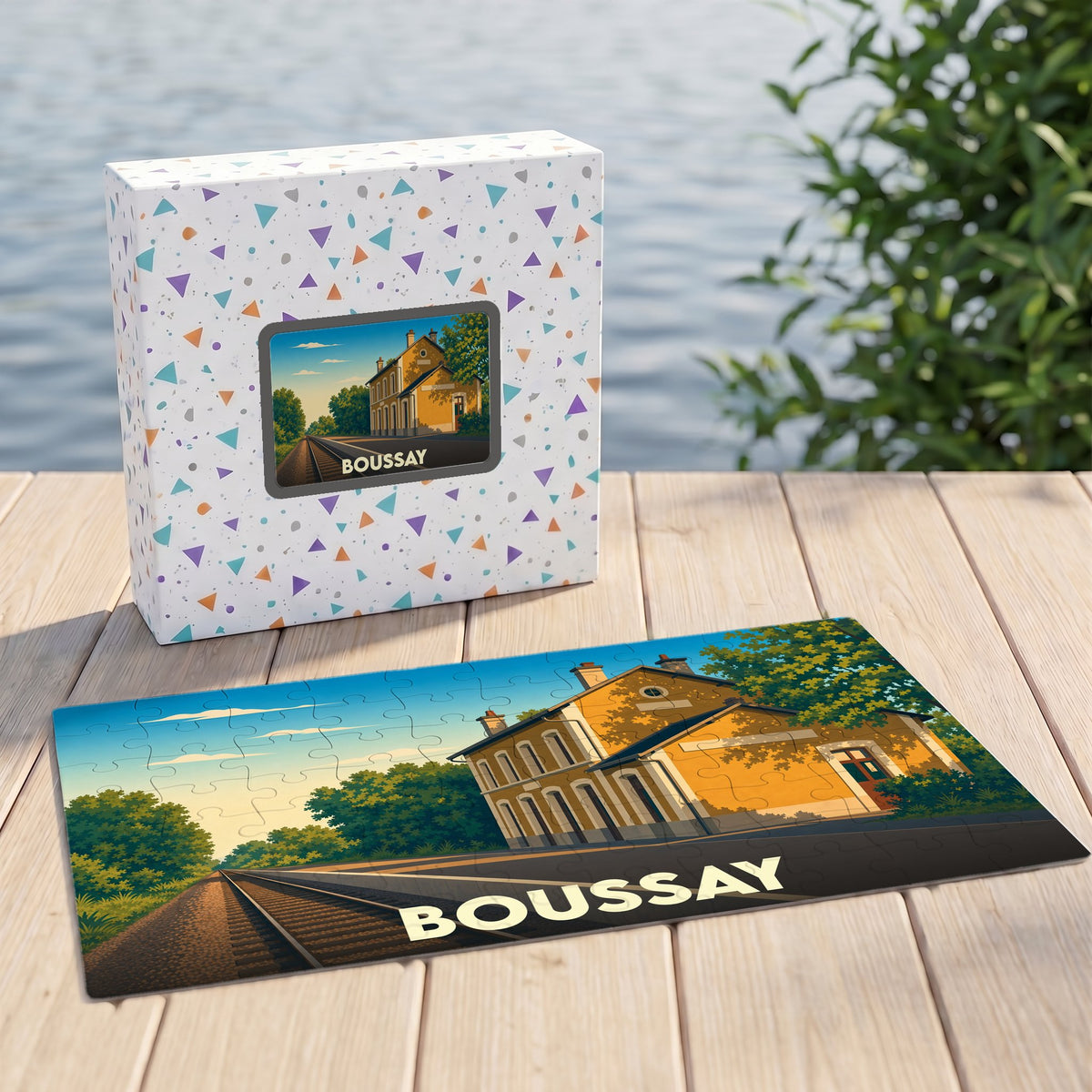 Puzzle souvenir de la ville de Boussay avec une illustration stylisée d'un bâtiment en bord de voie ferrée.