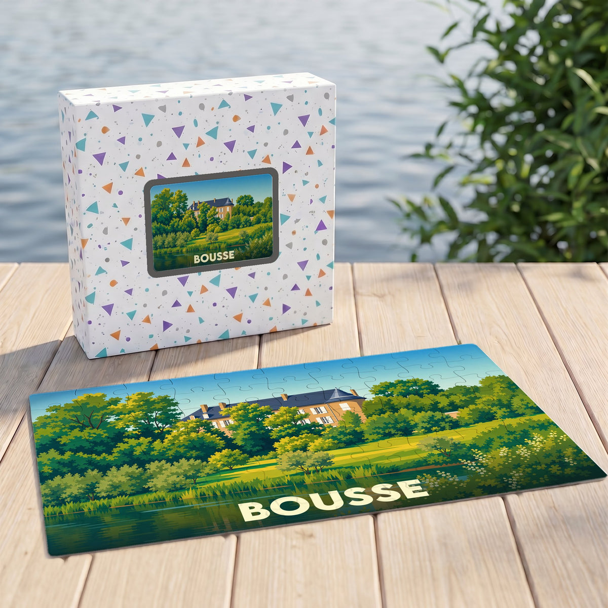 Puzzle souvenir de la ville de Bousse avec une illustration paysagère stylisée.