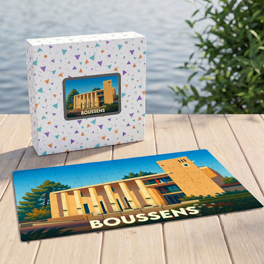 Puzzle souvenir de la ville de Boussens avec une illustration stylisée de son architecture.