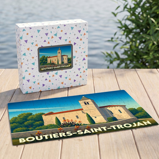 Puzzle souvenir de la ville de Boutiers-Saint-Trojan avec son église illustrée dans un style vintage.