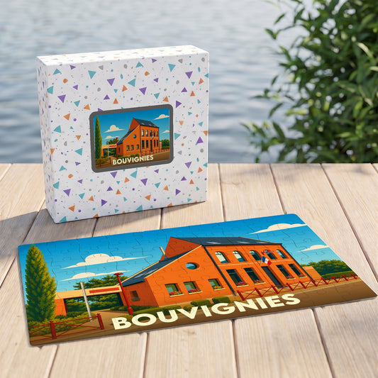 Puzzle souvenir de la ville de Bouvignies avec une illustration stylisée d'un bâtiment en briques.