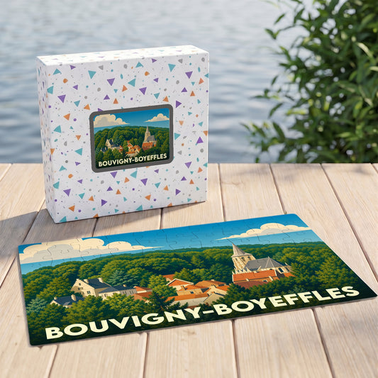 Puzzle souvenir de la ville de Bouvigny-Boyeffles avec une illustration stylisée de son paysage urbain et forestier.