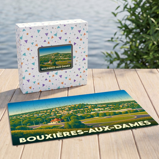 Puzzle souvenir de la ville de Bouxières-aux-Dames avec une illustration stylisée de son paysage urbain.