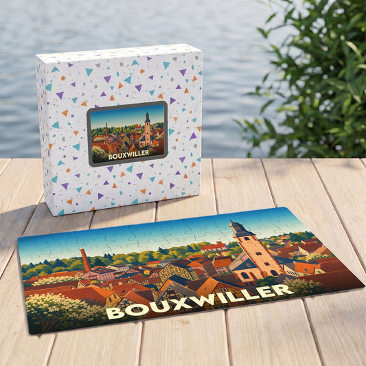 Puzzle souvenir de la ville de Bouxwiller avec une illustration colorée de son centre historique et de son clocher.
