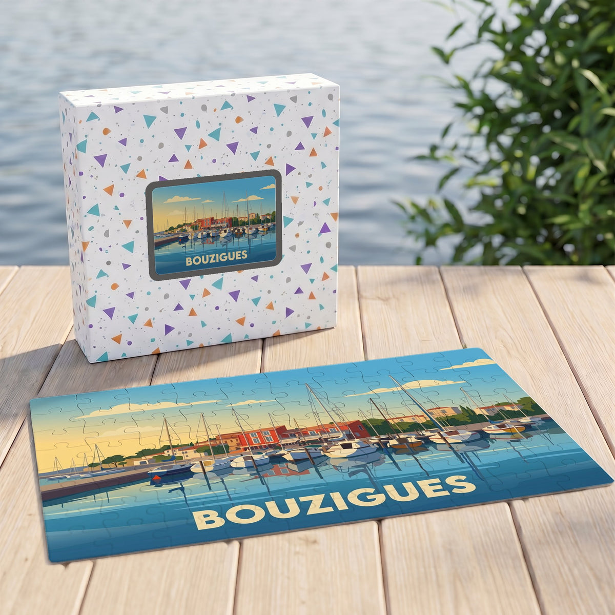 Puzzle souvenir de la ville de Bouzigues présentant une illustration stylisée de son port et de ses bateaux.