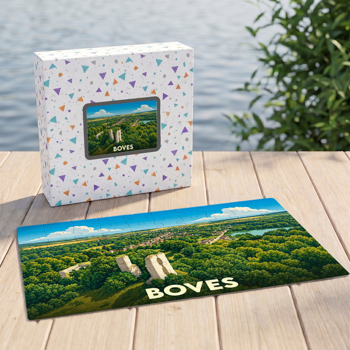 Puzzle souvenir de la ville de Boves présentant une illustration aérienne stylisée de son paysage et de ses ruines.