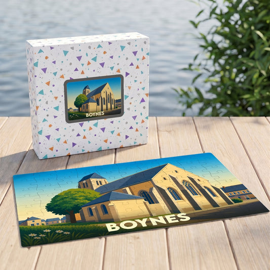 Puzzle souvenir de la ville de Boynes illustrant son église dans un style graphique épuré.