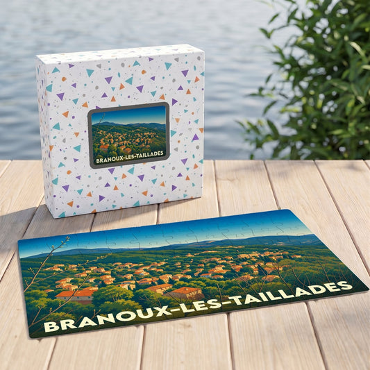 Puzzle souvenir de la ville de Branoux-les-Taillades avec une illustration de paysage panoramique.