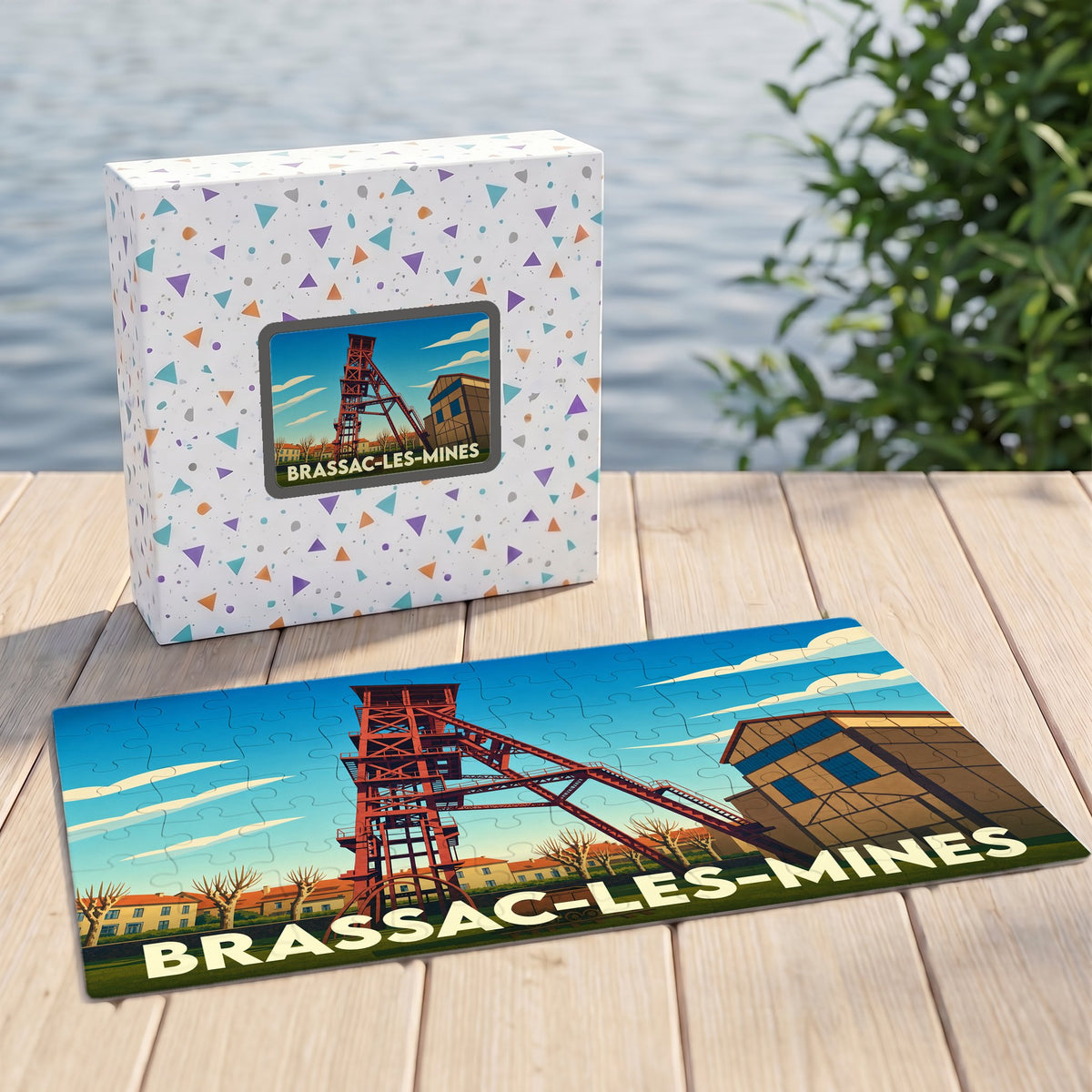 Puzzle souvenir de la ville de Brassac-les-Mines avec une illustration stylisée d'un chevalement minier.
