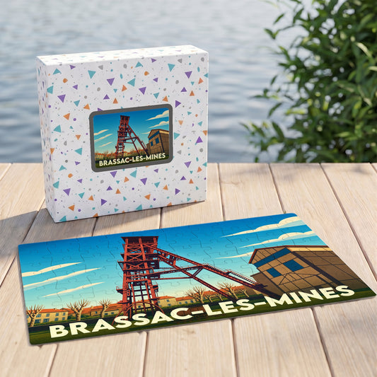 Puzzle souvenir de la ville de Brassac-les-Mines avec une illustration stylisée d'un chevalement minier.