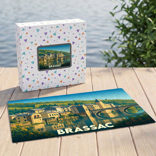 Puzzle souvenir de la ville de Brassac avec une illustration stylisée et sa boîte assortie.