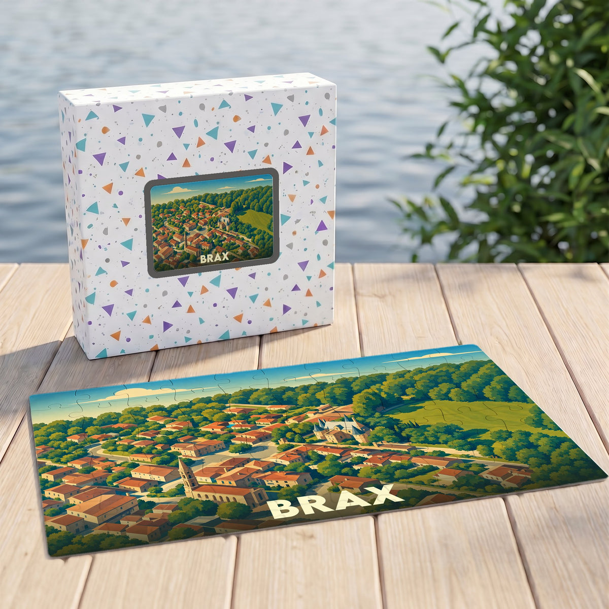 Puzzle souvenir de la ville de Brax avec une illustration stylisée et colorée.