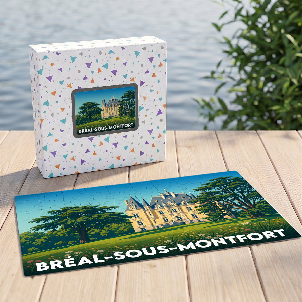 Puzzle souvenir de la ville de Bréal-sous-Montfort avec une illustration stylisée de son château.