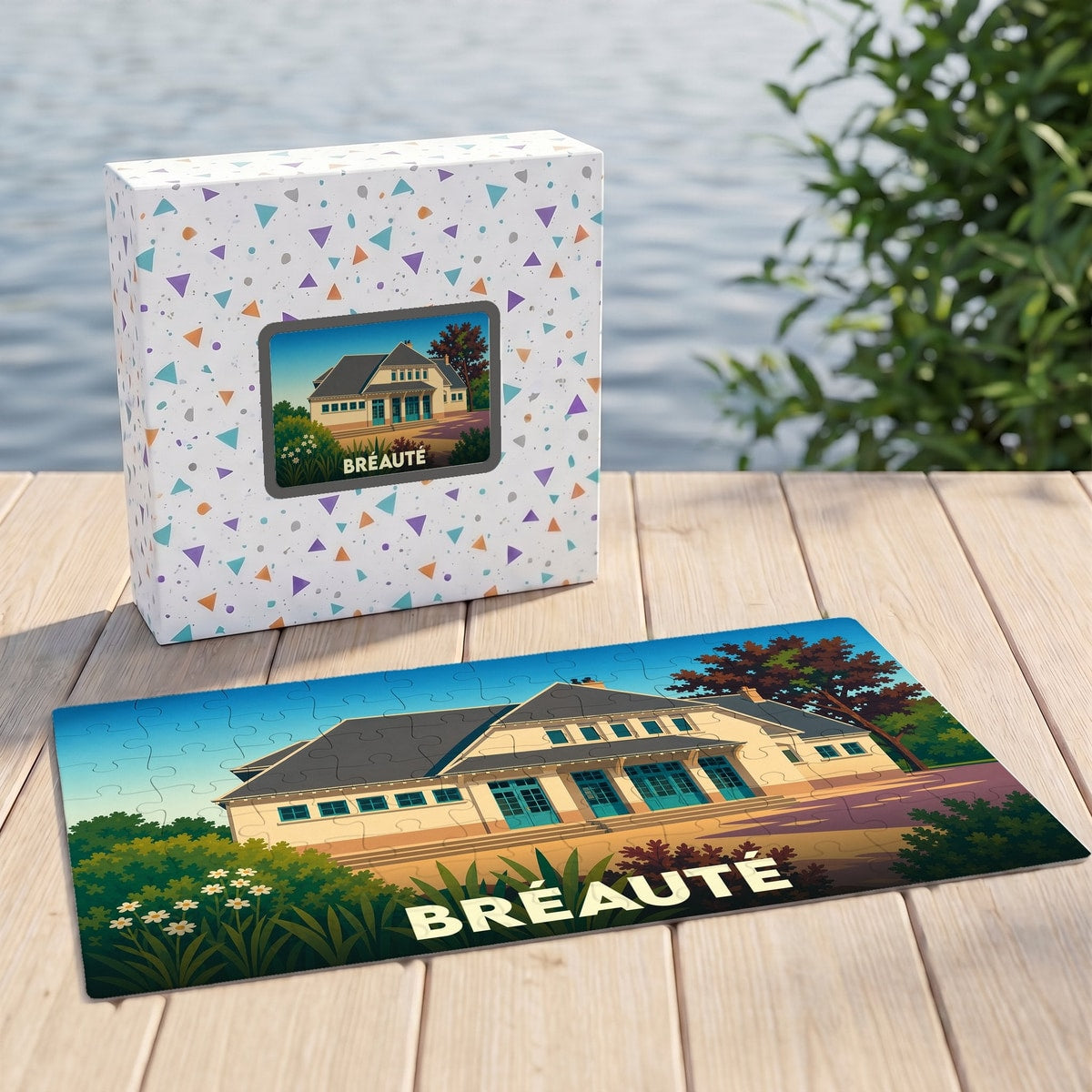 Puzzle souvenir de la ville de Bréauté représentant son ancienne gare avec une illustration stylisée.