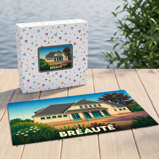 Puzzle souvenir de la ville de Bréauté représentant son ancienne gare avec une illustration stylisée.