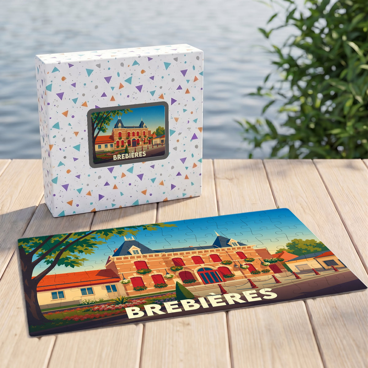 Puzzle souvenir de la ville de Brebières avec une illustration colorée de l'hôtel de ville.