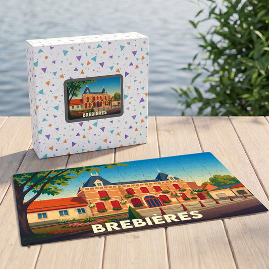 Puzzle souvenir de la ville de Brebières avec une illustration colorée de l'hôtel de ville.