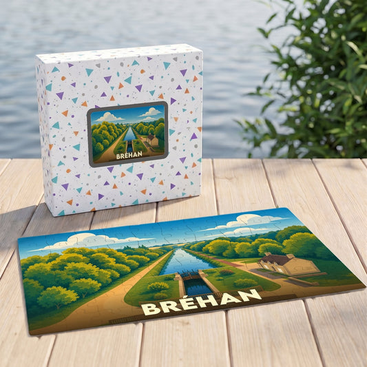 Puzzle souvenir de la ville de Bréhan avec une illustration stylisée d'un canal et son coffret assorti.