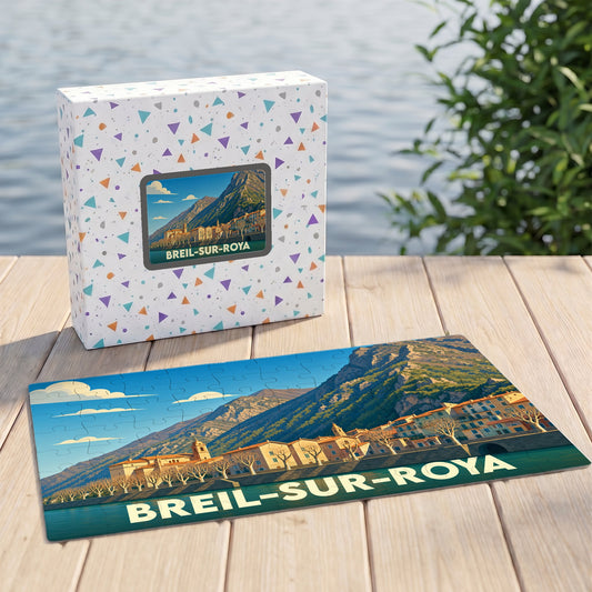 Puzzle souvenir de la ville de Breil-sur-Roya avec une illustration stylisée et colorée.