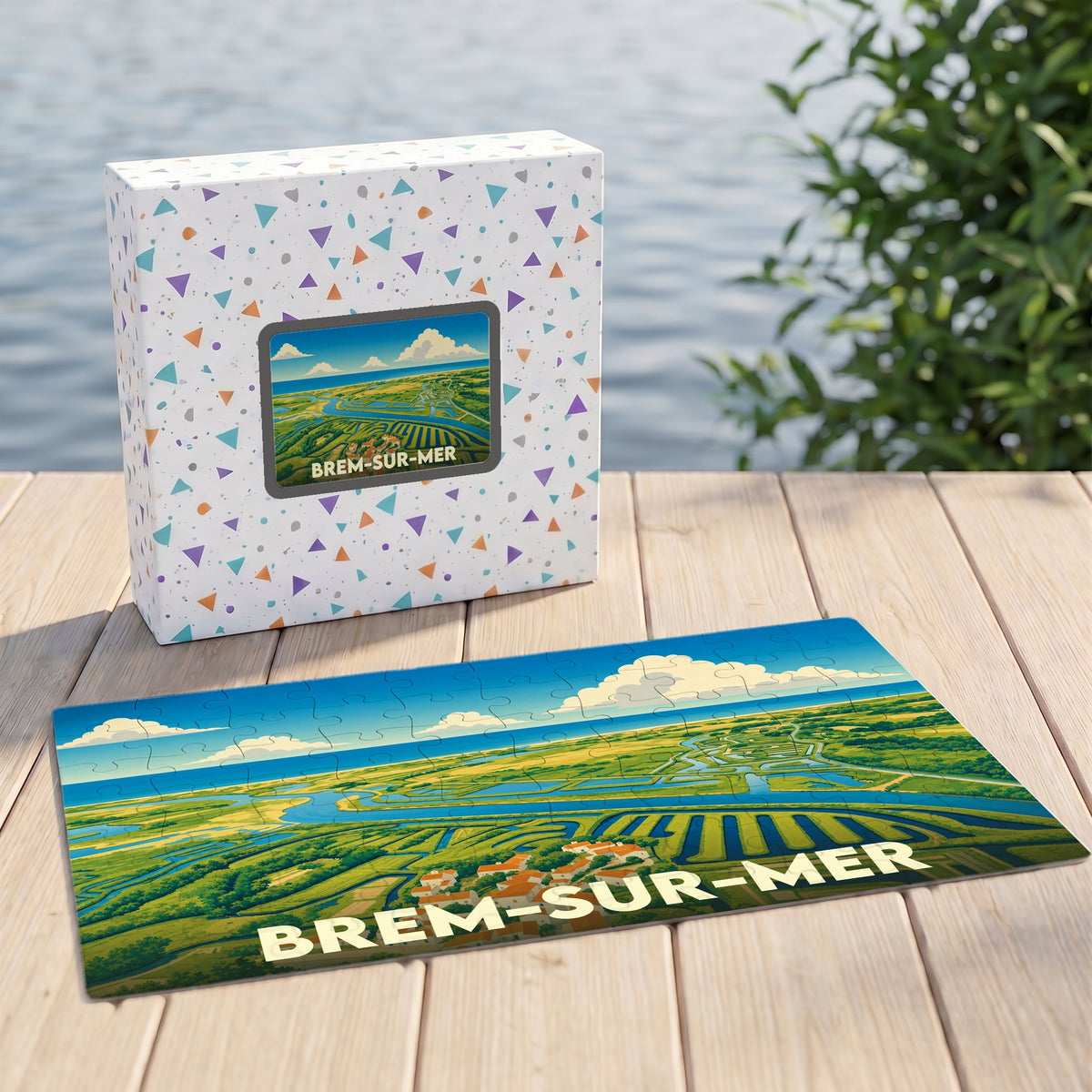 Puzzle souvenir de la ville de Brem-sur-Mer avec une illustration stylisée de ses marais salants.