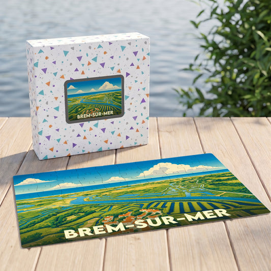 Puzzle souvenir de la ville de Brem-sur-Mer avec une illustration stylisée de ses marais salants.