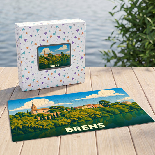 Puzzle souvenir de la ville de Brens avec une illustration stylisée de son paysage au bord de l'eau.