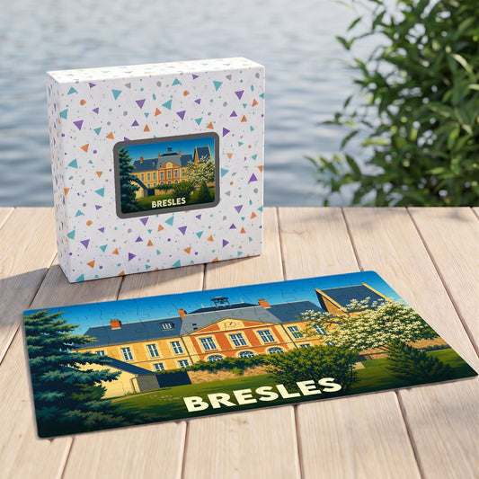 Puzzle souvenir de la ville de Bresles avec une illustration stylisée du château.