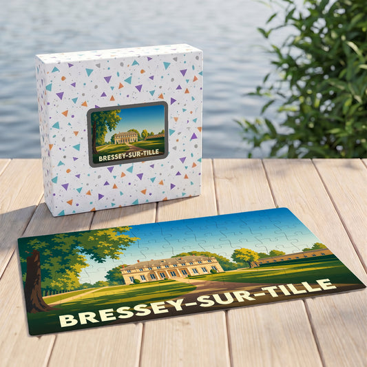 Puzzle souvenir de la ville de Bressey-sur-Tille avec une illustration stylisée de son château.