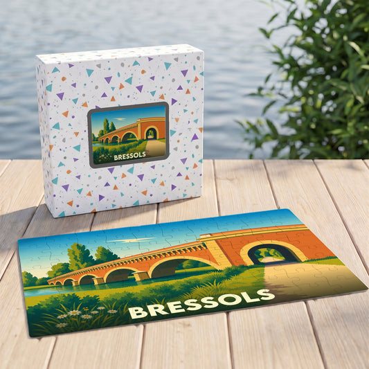 Puzzle souvenir de la ville de Bressols avec une illustration stylisée d'un pont en briques.