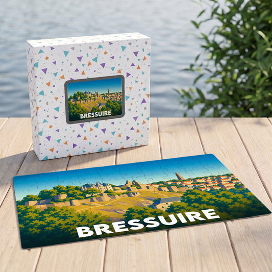 Puzzle souvenir de la ville de Bressuire présentant une illustration colorée et stylisée de son paysage urbain.