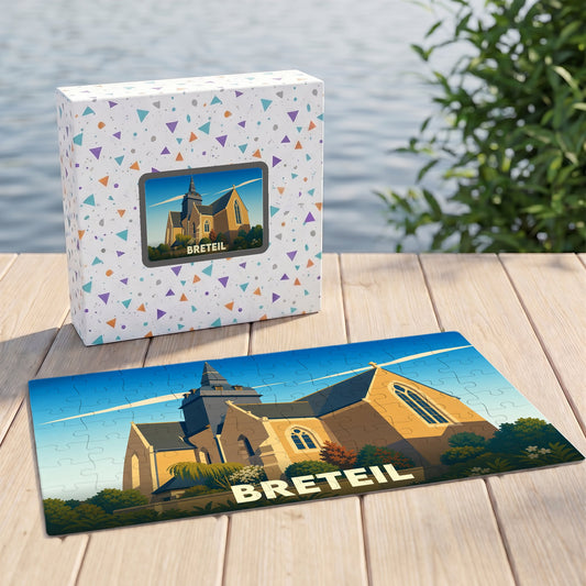 Puzzle souvenir de la ville de Breteil avec une illustration stylisée de son église.