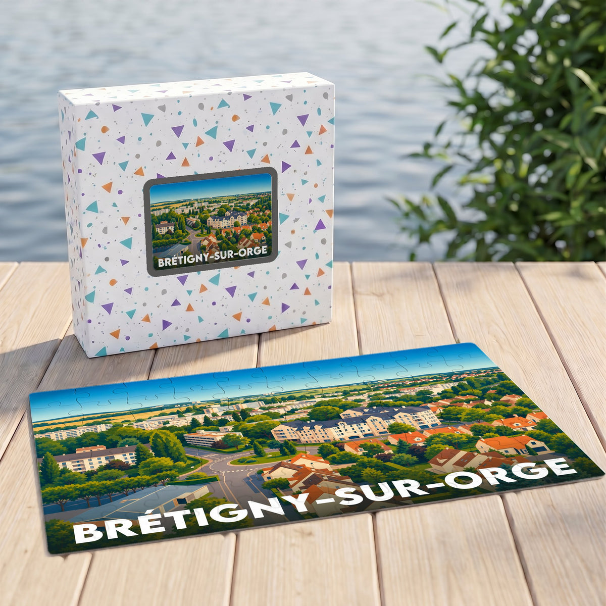 Puzzle souvenir de la ville de Brétigny-sur-Orge avec une vue aérienne illustrée et sa boîte assortie.