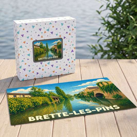Puzzle souvenir de la ville de Brette-les-Pins représentant un paysage bucolique au bord de l’eau.