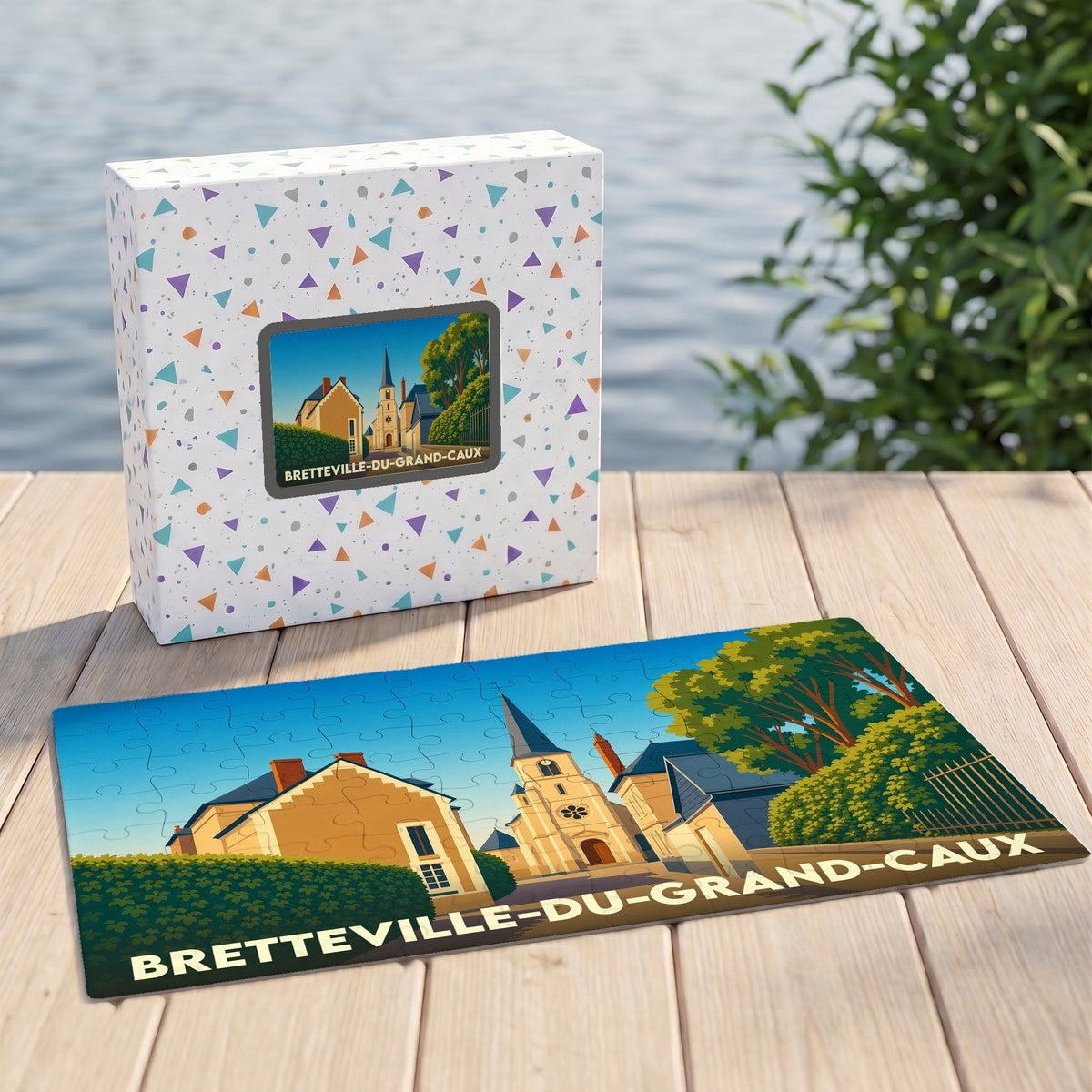 Puzzle souvenir de Bretteville-du-Grand-Caux présentant une illustration stylisée du village et de son église.