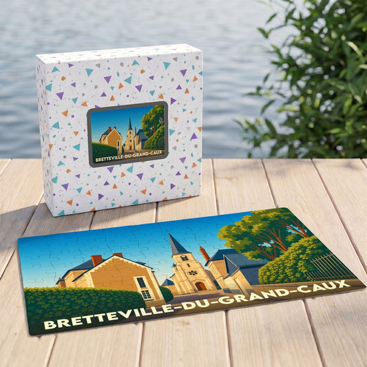 Puzzle souvenir de Bretteville-du-Grand-Caux présentant une illustration stylisée du village et de son église.