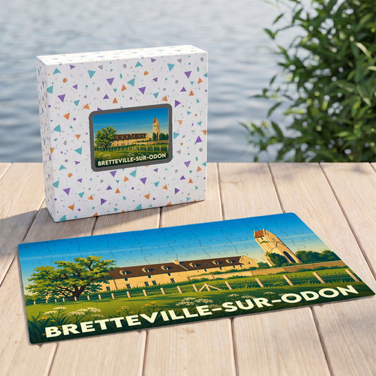 Puzzle souvenir de la ville de Bretteville-sur-Odon avec une illustration stylisée de son patrimoine.