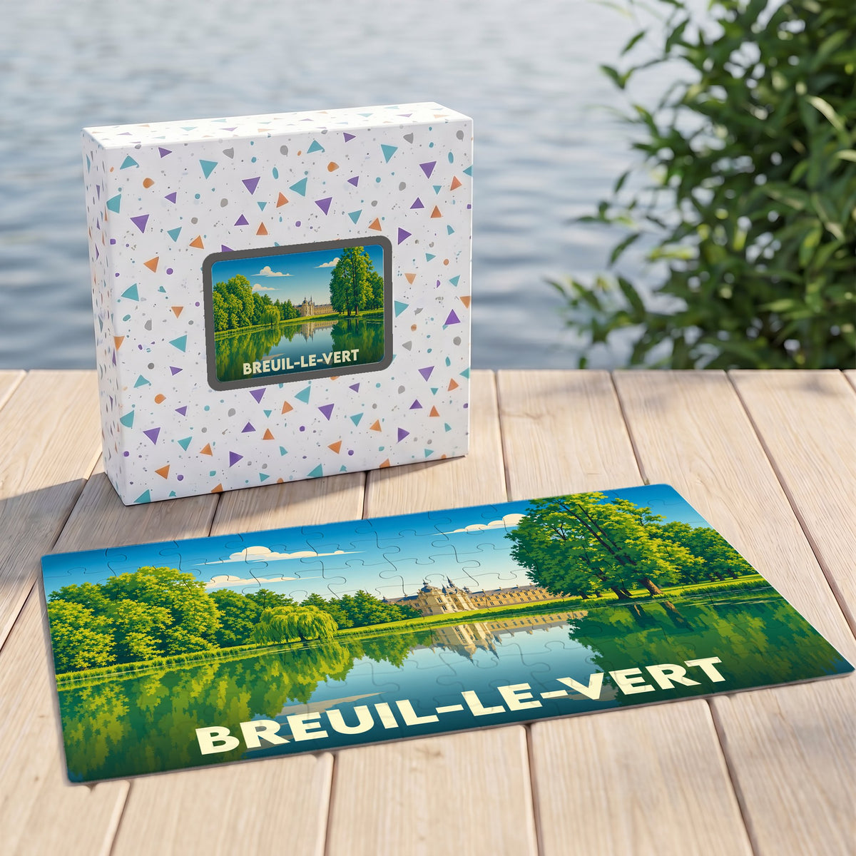 Puzzle souvenir de la ville de Breuil-le-Vert avec une illustration stylisée d'un château se reflétant dans l'eau.