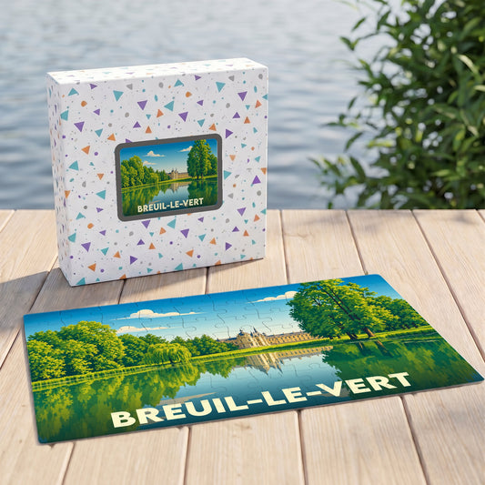 Puzzle souvenir de la ville de Breuil-le-Vert avec une illustration stylisée d'un château se reflétant dans l'eau.