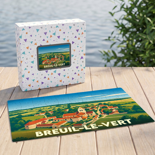 Puzzle souvenir de la ville de Breuil-le-Vert avec une illustration stylisée de son paysage rural.
